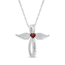 Heart-Shaped Garnet & White Lab-Created Sapphire Angel Wings & Cross Necklace Sterling Silver 18&quot;