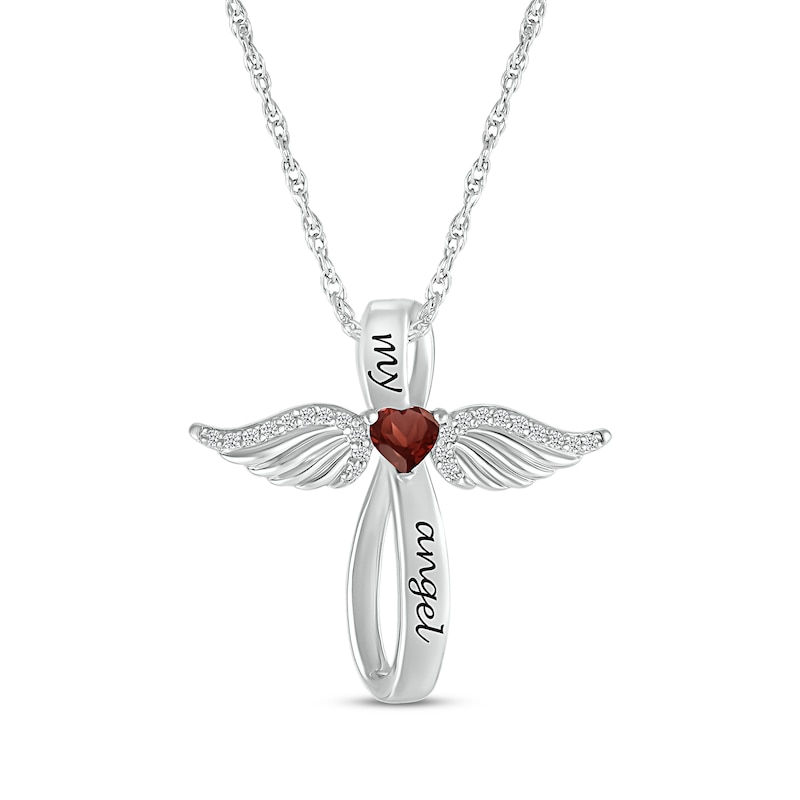 Heart-Shaped Garnet & White Lab-Created Sapphire Angel Wings & Cross Necklace Sterling Silver 18"