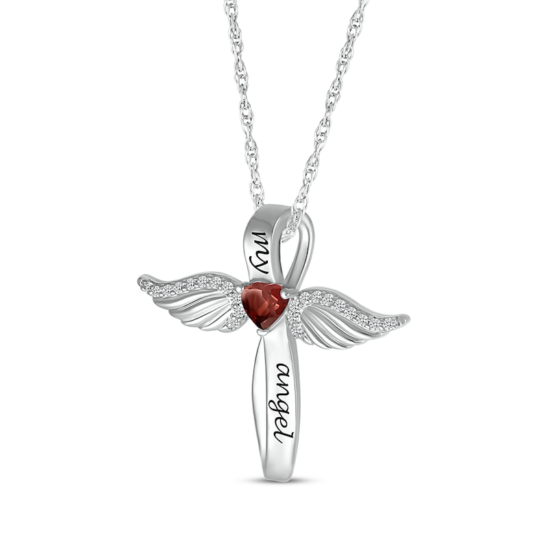 Heart-Shaped Garnet & White Lab-Created Sapphire Angel Wings & Cross Necklace Sterling Silver 18"