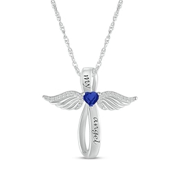 Heart-Shaped Blue Lab-Created Sapphire & White Lab-Created Sapphire Angel Wings & Cross Necklace Sterling Silver 18&quot;