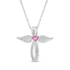 Thumbnail Image 1 of Heart-Shaped Pink Lab-Created Sapphire & White Lab-Created Sapphire Angel Wings & Cross Necklace Sterling Silver 18&quot;