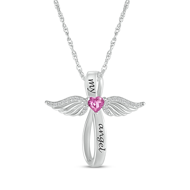 Main Image 1 of Heart-Shaped Pink Lab-Created Sapphire & White Lab-Created Sapphire Angel Wings & Cross Necklace Sterling Silver 18&quot;