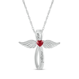 Heart-Shaped Lab-Created Ruby & White Lab-Created Sapphire Angel Wings & Cross Necklace Sterling Silver 18&quot;