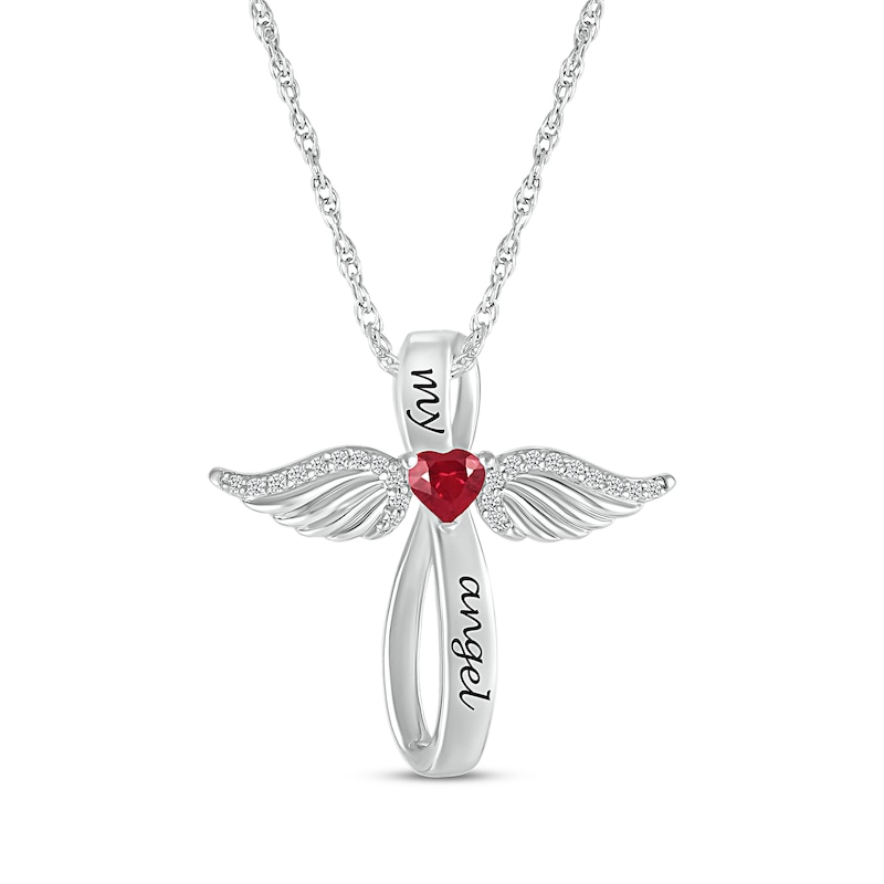 Main Image 1 of Heart-Shaped Lab-Created Ruby & White Lab-Created Sapphire Angel Wings & Cross Necklace Sterling Silver 18&quot;