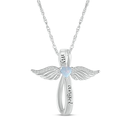 Heart-Shaped Lab-Created Opal & White Lab-Created Sapphire Angel Wings & Cross Necklace Sterling Silver 18&quot;