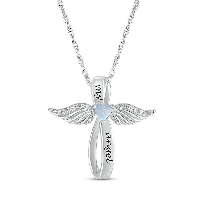 Main Image 1 of Heart-Shaped Lab-Created Opal & White Lab-Created Sapphire Angel Wings & Cross Necklace Sterling Silver 18&quot;