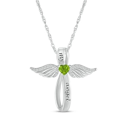 Heart-Shaped Peridot & White Lab-Created Sapphire Angel Wings & Cross Necklace Sterling Silver 18&quot;