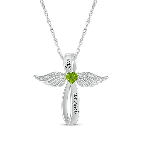 Heart-Shaped Peridot & White Lab-Created Sapphire Angel Wings & Cross Necklace Sterling Silver 18"