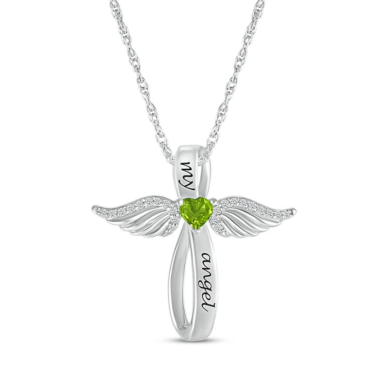 Main Image 1 of Heart-Shaped Peridot & White Lab-Created Sapphire Angel Wings & Cross Necklace Sterling Silver 18&quot;