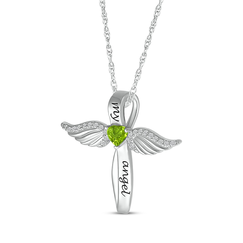 Main Image 2 of Heart-Shaped Peridot & White Lab-Created Sapphire Angel Wings & Cross Necklace Sterling Silver 18&quot;