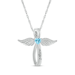 Heart-Shaped Blue Topaz & White Lab-Created Sapphire Angel Wings & Cross Necklace Sterling Silver 18&quot;