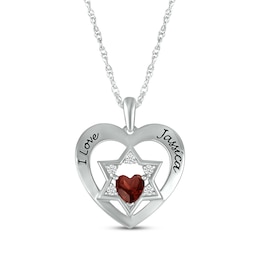 Heart-Shaped Garnet & White Lab-Created Sapphire Heart & Star of David Necklace Sterling Silver 18&quot;