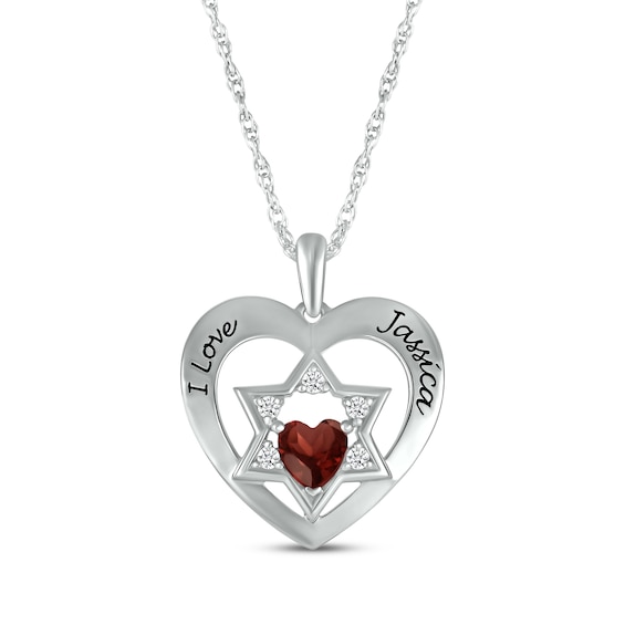 Heart-Shaped Garnet & White Lab-Created Sapphire Heart & Star of David Necklace Sterling Silver 18"