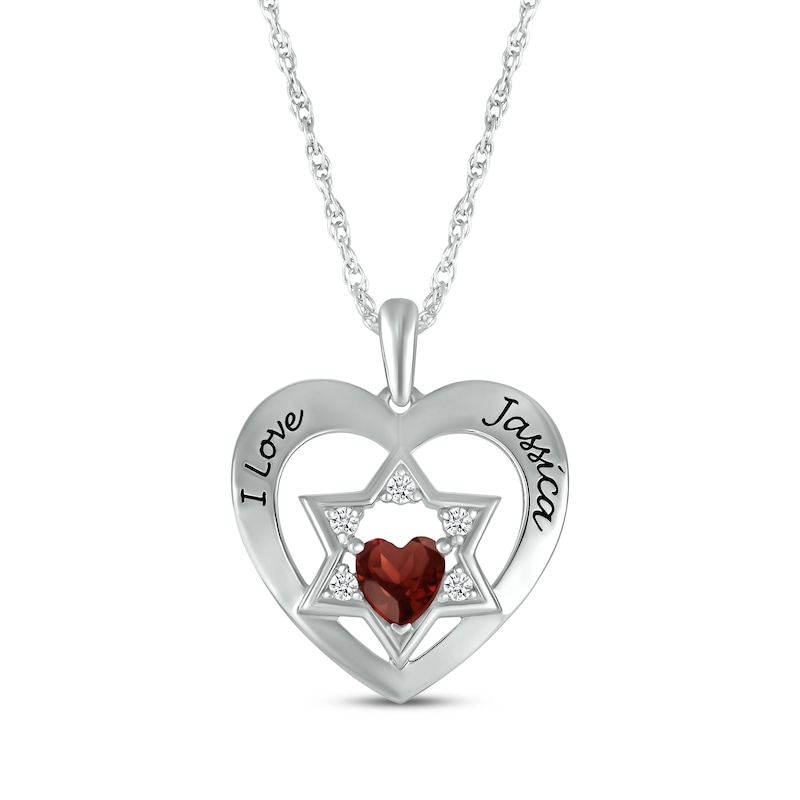 Main Image 1 of Heart-Shaped Garnet & White Lab-Created Sapphire Heart & Star of David Necklace Sterling Silver 18&quot;