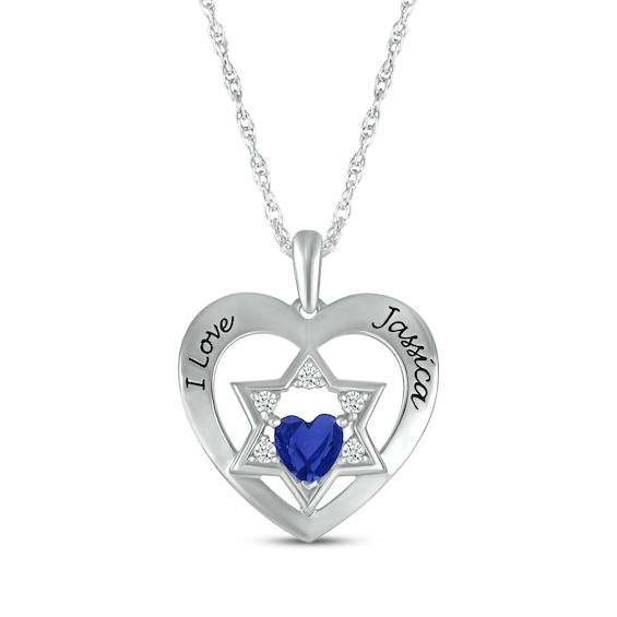 Heart-Shaped Blue Lab-Created Sapphire & White Lab-Created Sapphire Heart & Star of David Necklace Sterling Silver 18"