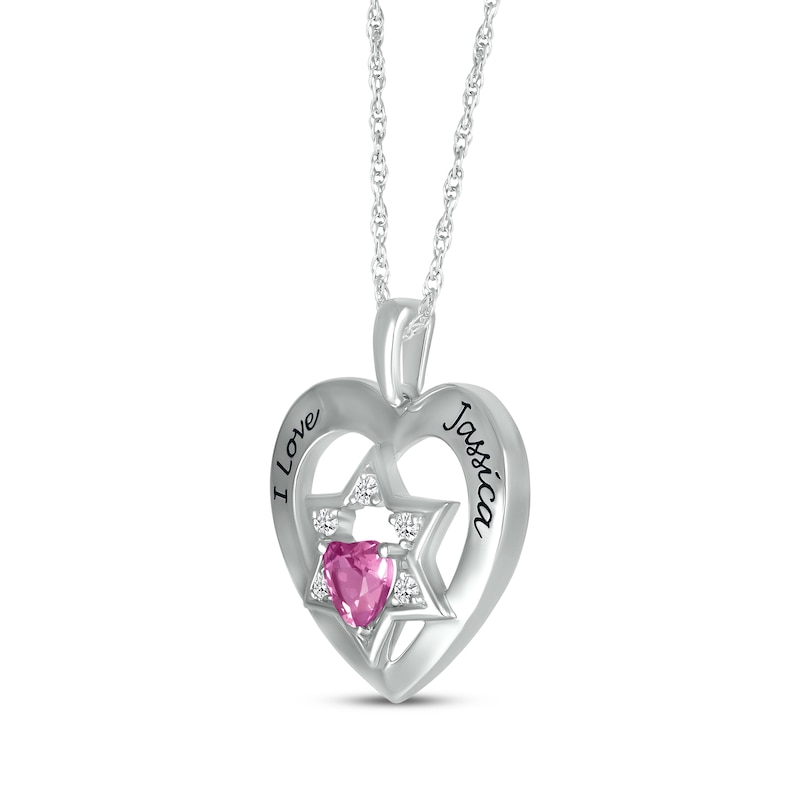 Main Image 2 of Heart-Shaped Pink Lab-Created Sapphire & White Lab-Created Sapphire Heart & Star of David Necklace Sterling Silver 18&quot;