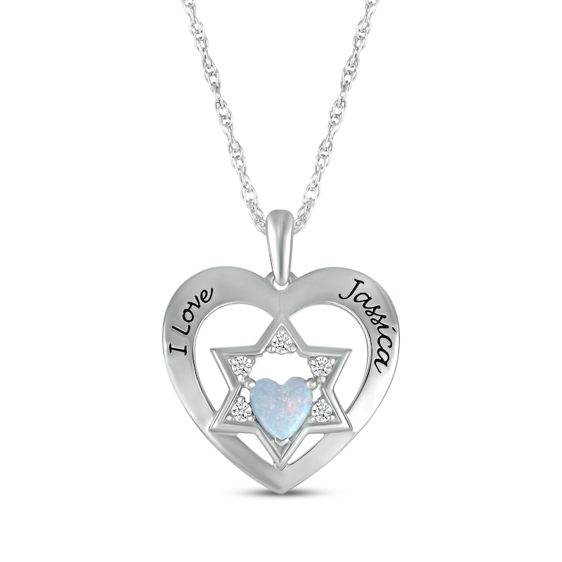 Main Image 1 of Heart-Shaped Lab-Created Opal & White Lab-Created Sapphire Heart & Star of David Necklace Sterling Silver 18&quot;