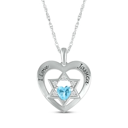 Heart-Shaped Blue Topaz & White Lab-Created Sapphire Heart & Star of David Necklace Sterling Silver 18&quot;