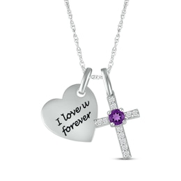 Amethyst & White Lab-Created Sapphire Heart & Cross Necklace Sterling Silver 18&quot;