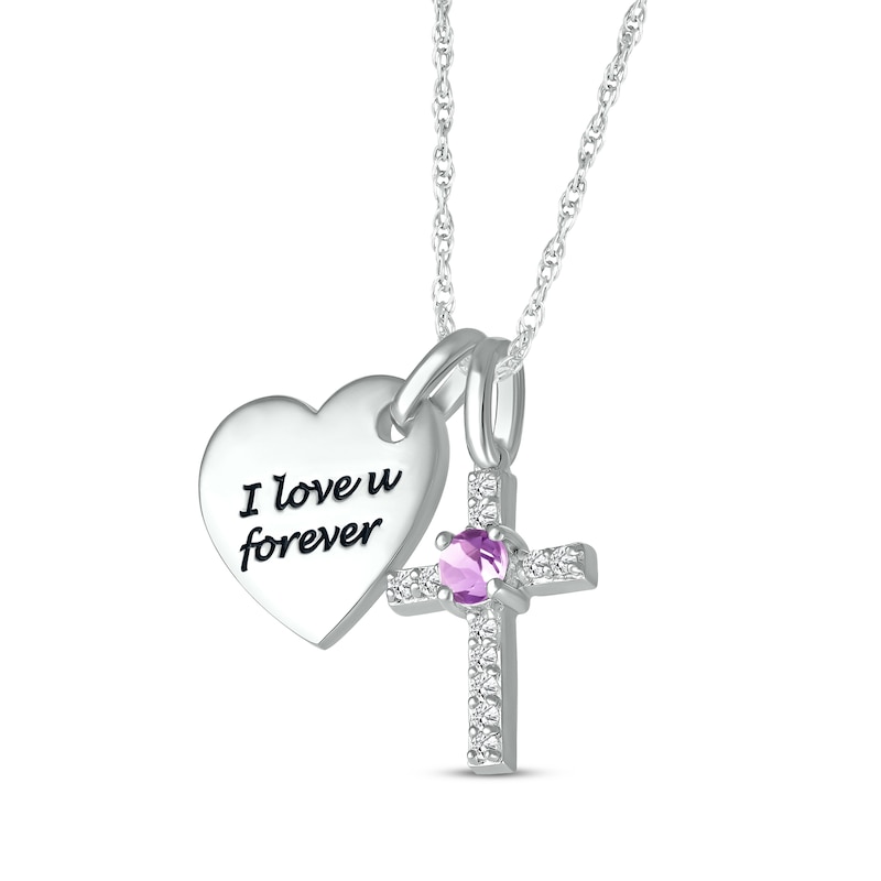 Main Image 2 of Amethyst & White Lab-Created Sapphire Heart & Cross Necklace Sterling Silver 18&quot;