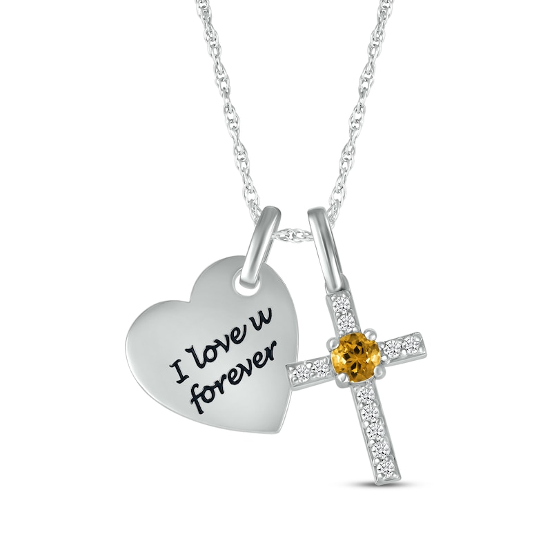 Main Image 1 of Citrine & White Lab-Created Sapphire Heart & Cross Necklace Sterling Silver 18&quot;