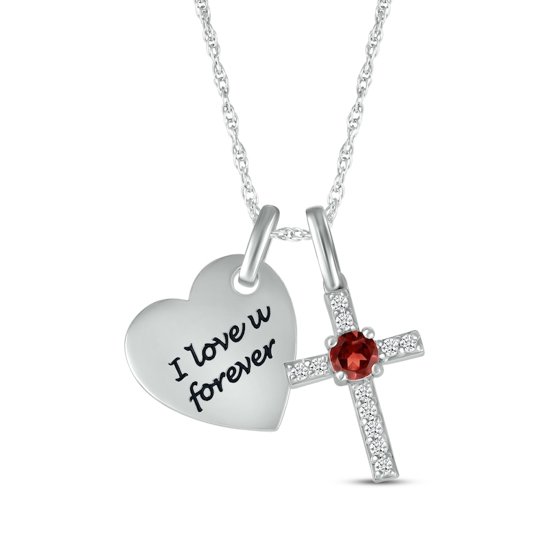 Main Image 1 of Garnet & White Lab-Created Sapphire Heart & Cross Necklace Sterling Silver 18&quot;