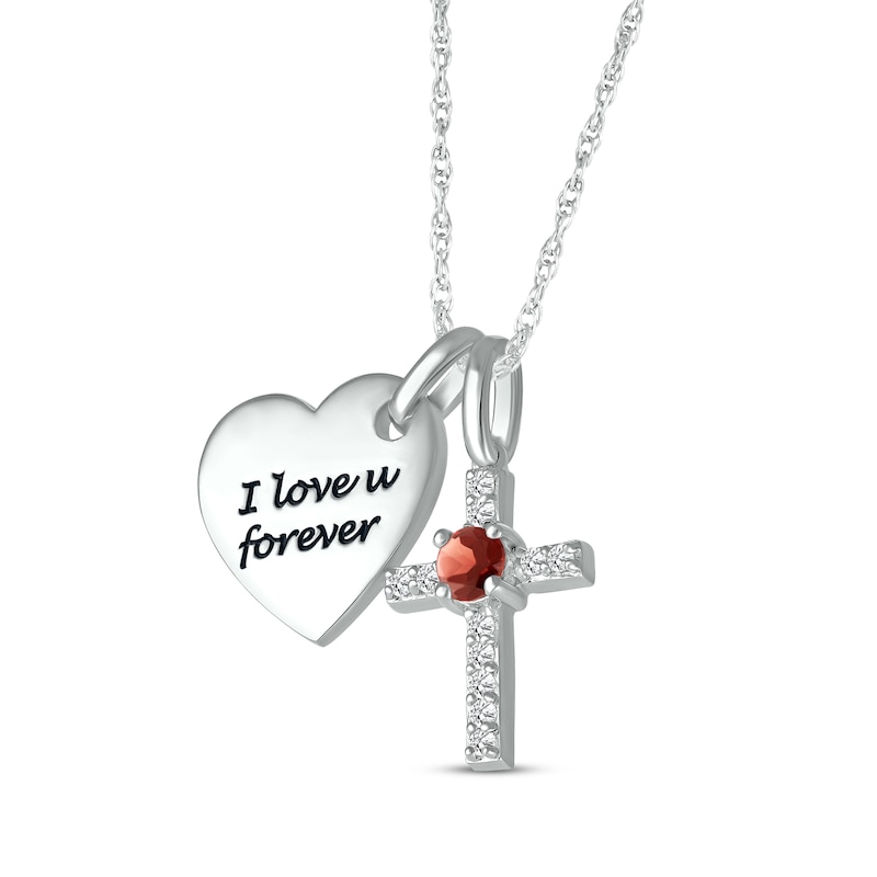 Main Image 2 of Garnet & White Lab-Created Sapphire Heart & Cross Necklace Sterling Silver 18&quot;