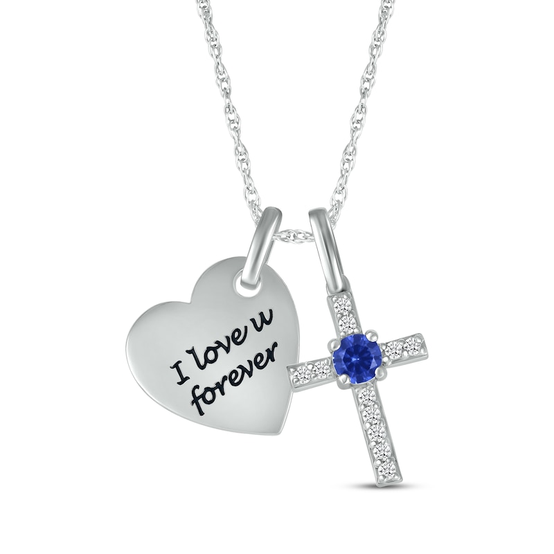 Main Image 1 of Blue Lab-Created Sapphire & White Lab-Created Sapphire Heart & Cross Necklace Sterling Silver 18&quot;