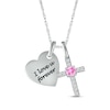 Thumbnail Image 0 of Pink Lab-Created Sapphire & White Lab-Created Sapphire Heart & Cross Necklace Sterling Silver 18"