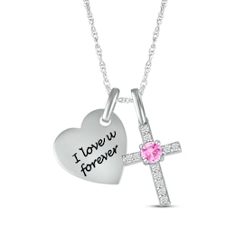 Pink Lab-Created Sapphire & White Lab-Created Sapphire Heart & Cross Necklace Sterling Silver 18&quot;