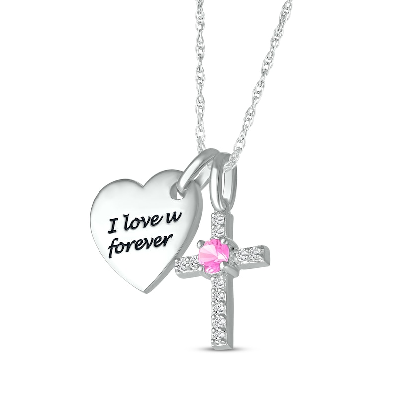 Pink Lab-Created Sapphire & White Lab-Created Sapphire Heart & Cross Necklace Sterling Silver 18"