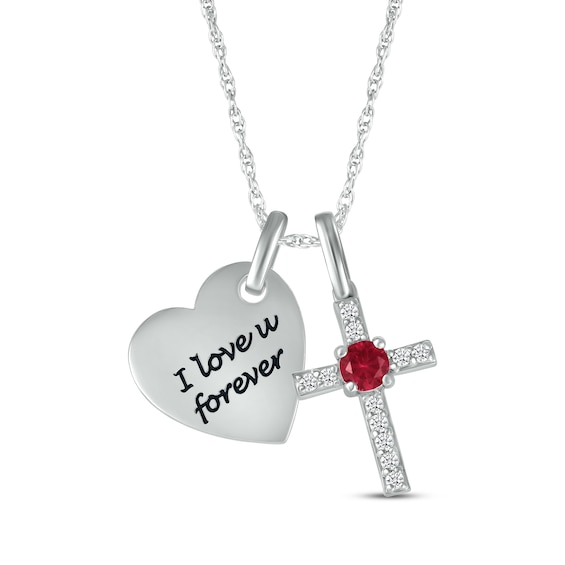 Lab-Created Ruby & White Lab-Created Sapphire Heart & Cross Necklace Sterling Silver 18"