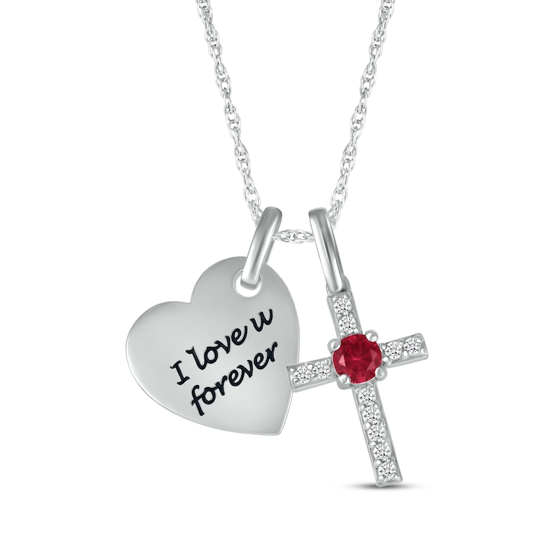 Main Image 1 of Lab-Created Ruby & White Lab-Created Sapphire Heart & Cross Necklace Sterling Silver 18&quot;