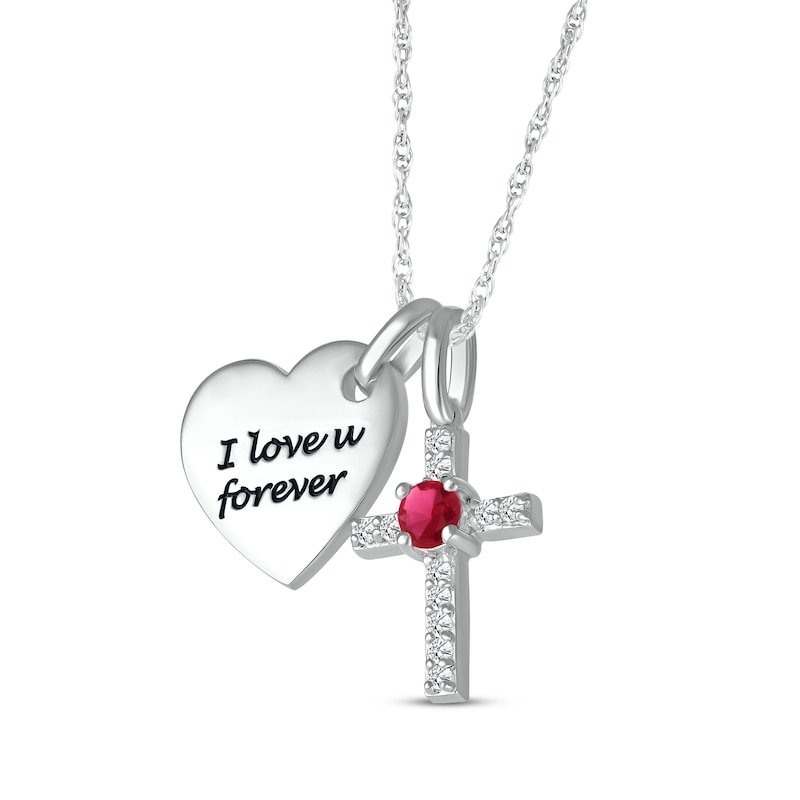 Main Image 2 of Lab-Created Ruby & White Lab-Created Sapphire Heart & Cross Necklace Sterling Silver 18&quot;