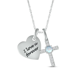 Lab-Created Opal & White Lab-Created Sapphire Heart & Cross Necklace Sterling Silver 18&quot;