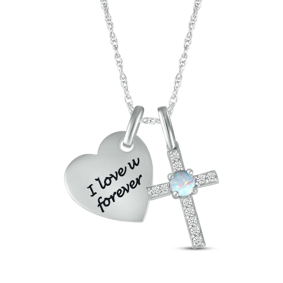 Lab-Created Opal & White Lab-Created Sapphire Heart & Cross Necklace Sterling Silver 18"