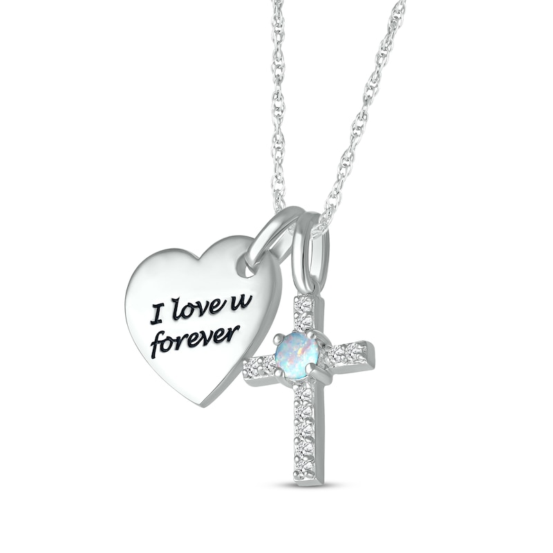 Main Image 2 of Lab-Created Opal & White Lab-Created Sapphire Heart & Cross Necklace Sterling Silver 18&quot;