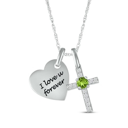 Peridot & White Lab-Created Sapphire Heart & Cross Necklace Sterling Silver 18&quot;