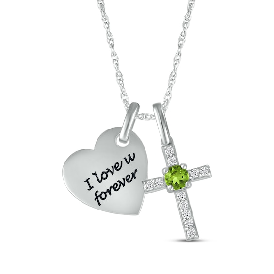 Peridot & White Lab-Created Sapphire Heart & Cross Necklace Sterling Silver 18"