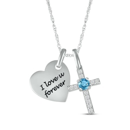 Blue Topaz & White Lab-Created Sapphire Heart & Cross Necklace Sterling Silver 18&quot;