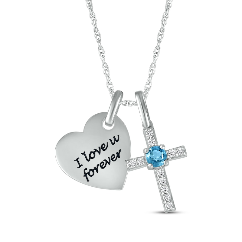 Main Image 1 of Blue Topaz & White Lab-Created Sapphire Heart & Cross Necklace Sterling Silver 18&quot;