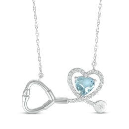 Heart-Shaped Aquamarine & White Lab-Created Sapphire Stethoscope Necklace Sterling Silver 17&quot;