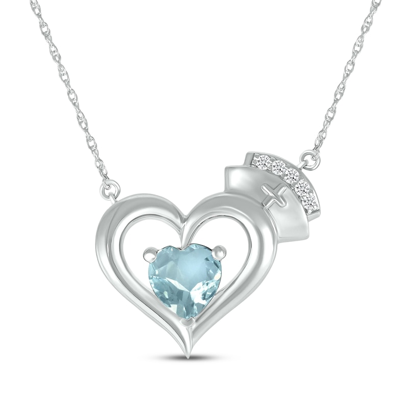 Main Image 1 of Heart-Shaped Aquamarine & White Lab-Created Sapphire Nurse Necklace Sterling Silver 17&quot;