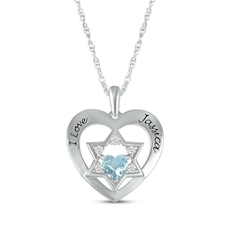 Heart-Shaped Aquamarine & White Lab-Created Sapphire Heart & Star of David Necklace Sterling Silver 18&quot;