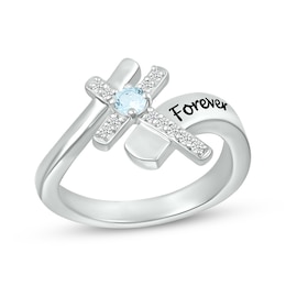 Aquamarine & White Lab-Created Sapphire Cross Ring Sterling Silver