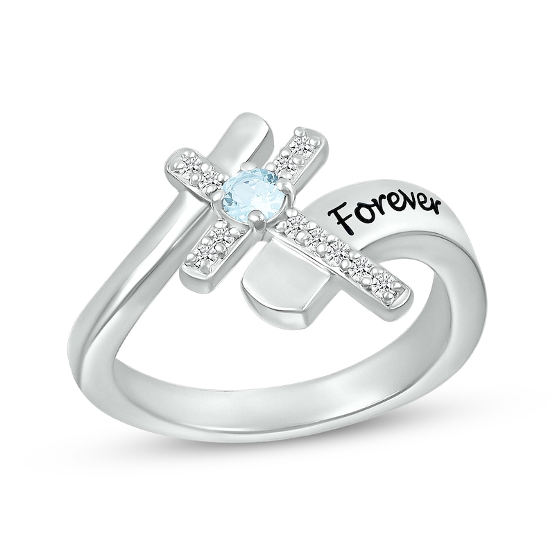 Main Image 1 of Aquamarine & White Lab-Created Sapphire Cross Ring Sterling Silver