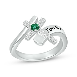 Lab-Created Emerald & White Lab-Created Sapphire Cross Ring Sterling Silver