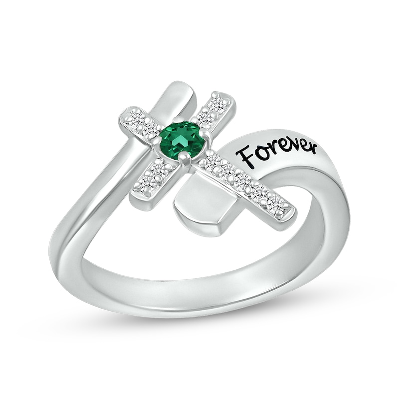 Main Image 1 of Lab-Created Emerald & White Lab-Created Sapphire Cross Ring Sterling Silver