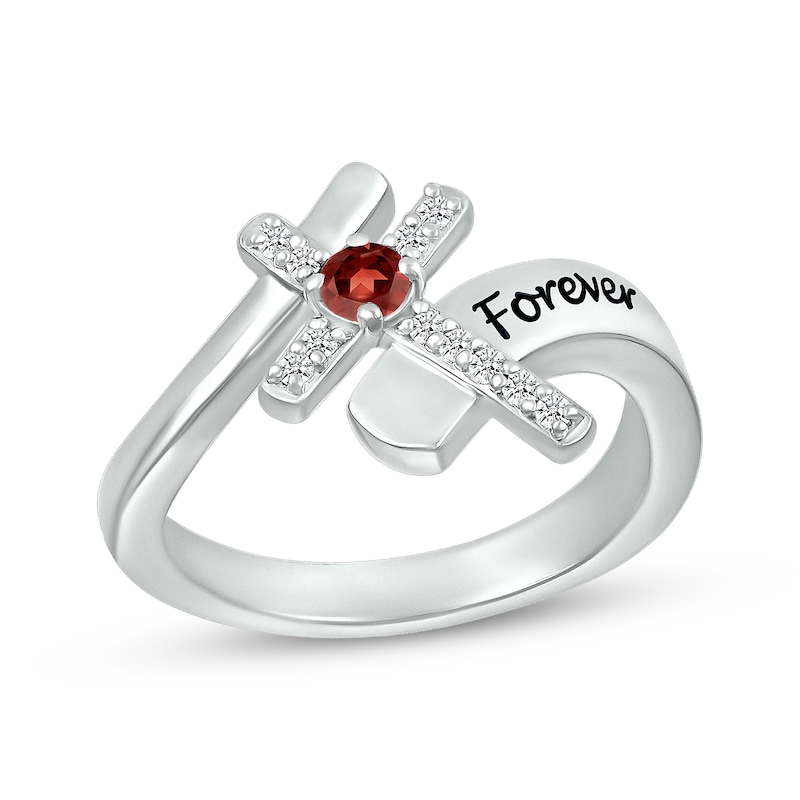 Main Image 1 of Garnet & White Lab-Created Sapphire Cross Ring Sterling Silver