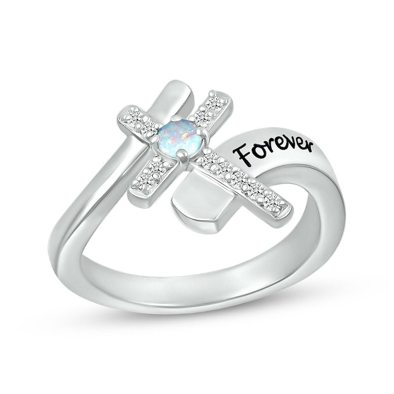 Main Image 1 of Lab-Created Opal & White Lab-Created Sapphire Cross Ring Sterling Silver